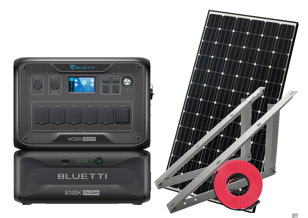 Off-grid kit: Bluetti AC500 solar generator, B300K battery, 465Wp solar panel, mounting and cable accessories
