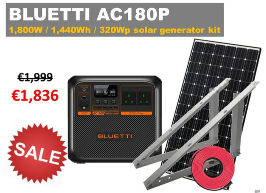 Off-grid kit: Bluetti AC180P solar generator + 320Wp solar panel, mounting and cable accessories