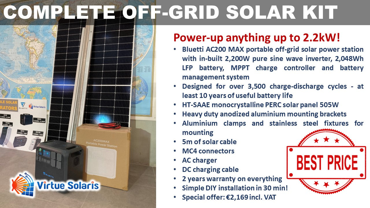 Off-grid solar power kit: Bluetti AC200 MAX solar generator + 505Wp solar panel, mounting and cabling accessories