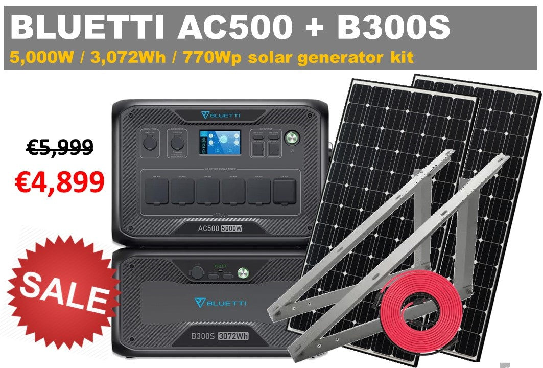 Off-grid solar power kit: Bluetti AC500 solar generator + B300S battery + 2 * 385Wp solar panels, mounting and cabling accessories
