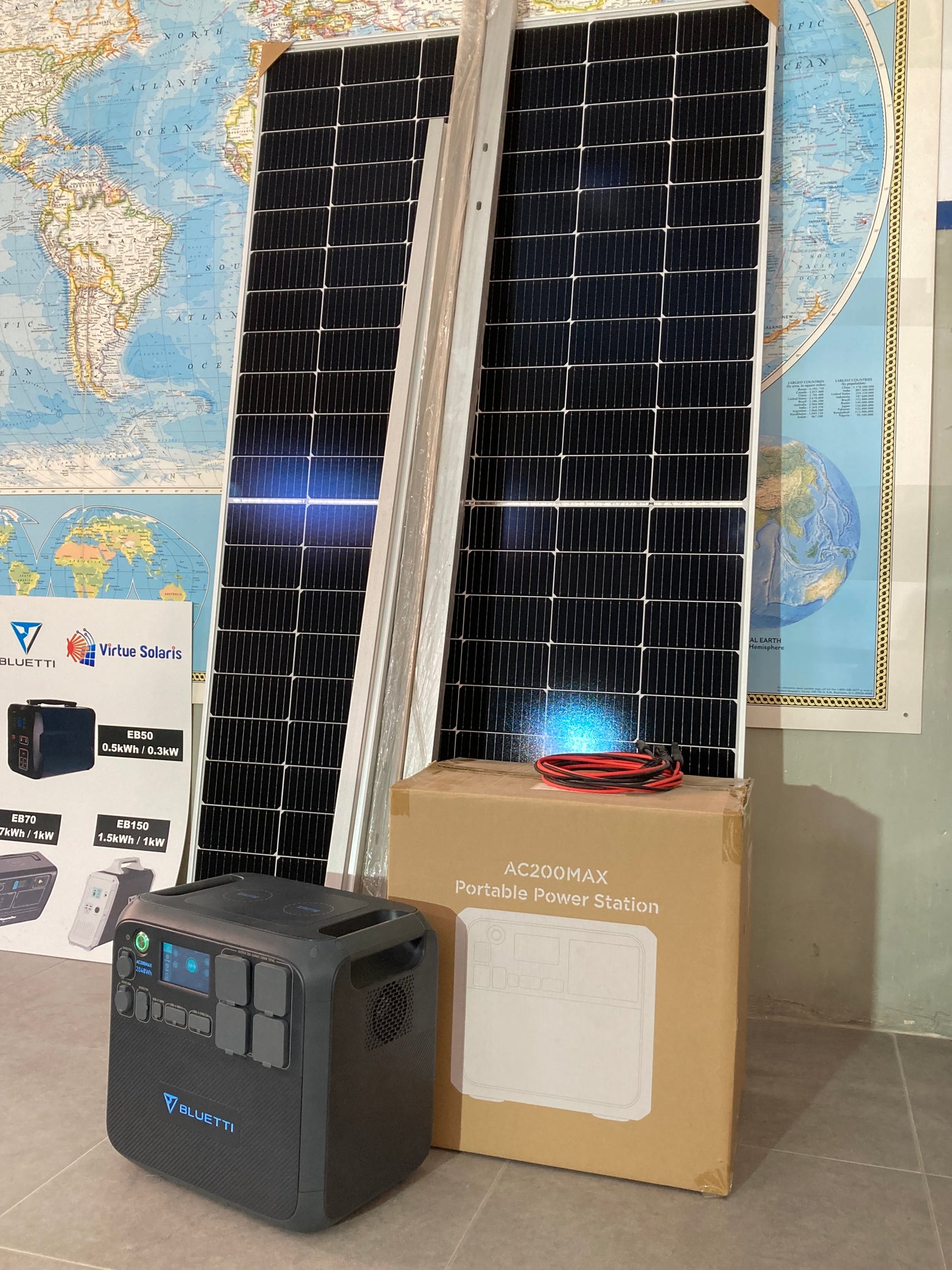 Off-grid solar power kit: Bluetti AC200 MAX solar generator + 505Wp solar panel, mounting and cabling accessories