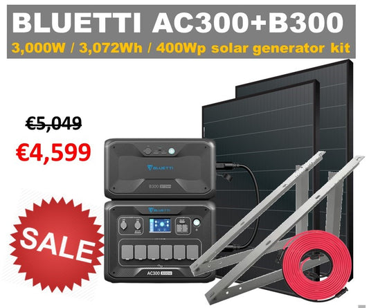 Off-grid kit: Bluetti AC300 solar generator, B300 battery, 2x400Wp solar panels, mounting and cable accessories