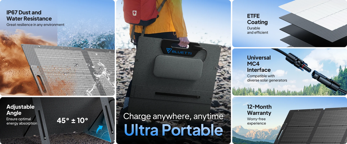 Bluetti 200W foldable solar panel - IP67 water-resistant and dust-proof